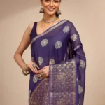Purple Printed Silk Blend Saree With Unstitched Blouse Piece