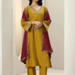 Mustard Embroidered Silk Blend Straight Suit Sets With Dupatta