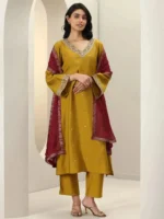 Mustard Embroidered Silk Blend Straight Suit Sets With Dupatta