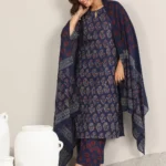 Blue Printed Silk Blend Straight Suit Set With Dupatta