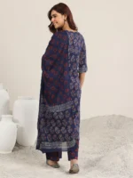 Blue Printed Silk Blend Straight Suit Set With Dupatta - Image 3