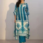 Teal Printed Silk Blend Straight Suit With Dupatta