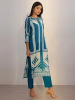 Teal Printed Silk Blend Straight Suit With Dupatta - Image 2