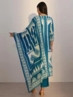Teal Printed Silk Blend Straight Suit With Dupatta - Image 3