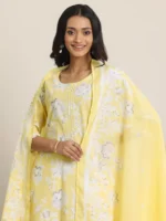Yellow Printed Cotton Straight Suit Set With Dupatta - Image 3