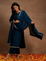 Teal Solid Silk Blend Straight Suit With Dupatta - Image 2