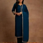 Teal Solid Silk Blend Straight Suit With Dupatta