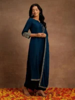 Teal Solid Silk Blend Straight Suit With Dupatta - Image 3