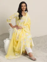 Yellow Printed Cotton Straight Suit Set With Dupatta