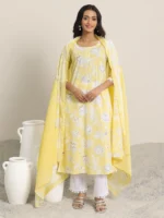 Yellow Printed Cotton Straight Suit Set With Dupatta - Image 2